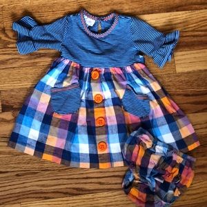 Baby girl plaid and stripe dress with bloomers